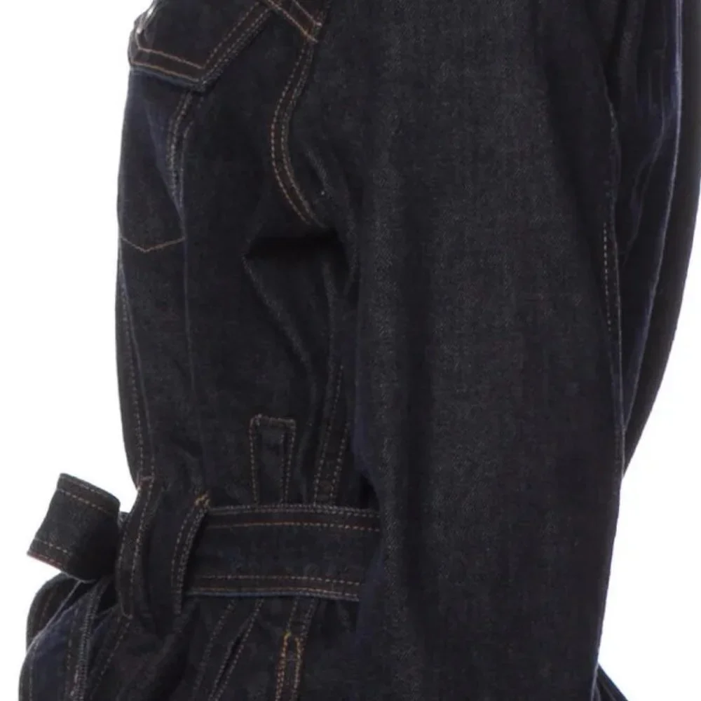 Trave Blue Pointed Collar Flap Pockets Button Closure Belted Denim Jacket Small - Picture 8 of 12